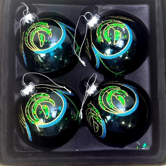 Domain "Peacock" 4" Christmas Ornaments Turquoise Green Gold Sequins-Set of 4 - Picture 2 of 7